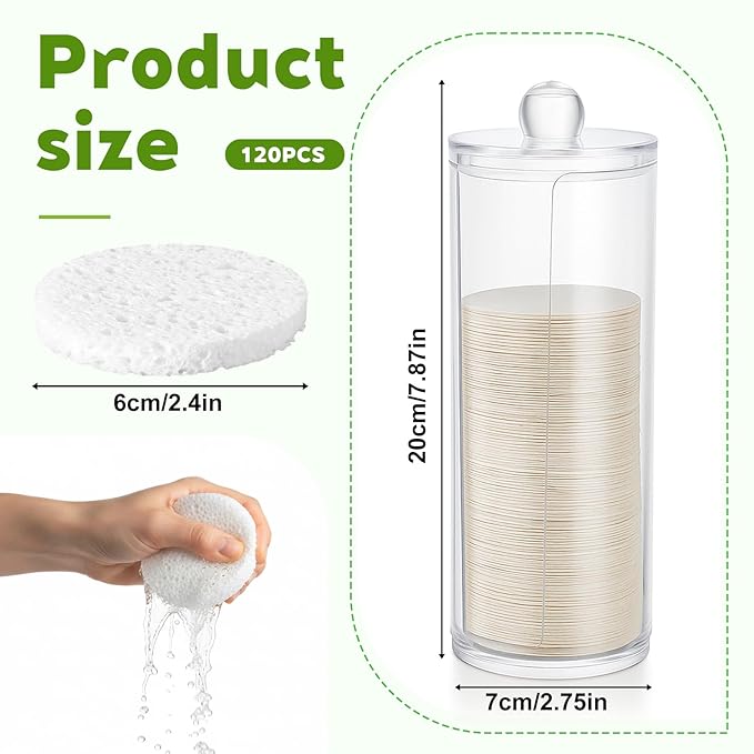120 Pcs Compressed Facial Sponges with Container, Disposable Round Face Sponge Pads Portable Makeup Removal Wash Sponges for Women Cleansing Makeup Spa (White)