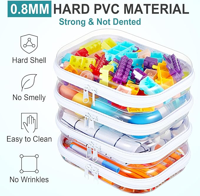 Hoolerry 4 Pcs Hard Clear Zipper Case Makeup Bags Plastic Zipper Pouch Transparent Storage Box Containers for Cosmetics, Snacks, Building Blocks, Puzzles(Clear,7.9 x 5.9 x 2 in,White)