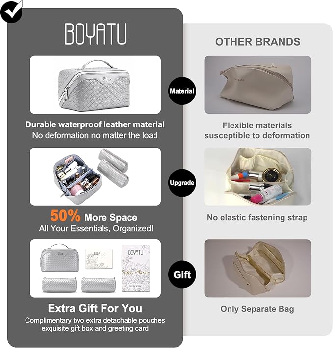 BOYATU Travel Makeup Bag Cosmetic Bags for Women: Large Capacity 3 Pcs Set Make up Bag with Compartments - Waterproof Vegan Leather Toiletry Organizer Bags with Handle (L11 Silver)