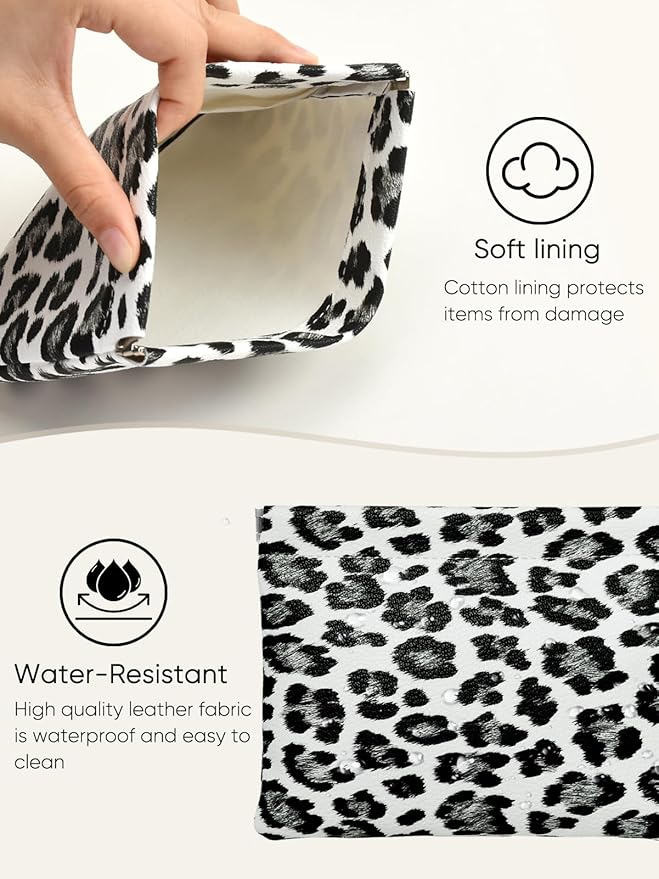 Leopard Leather Small Makeup Pouch for Women,Cosmetic Accessories,Waterproof and Portable Cosmetic Bag,Self-closing, No Zipper, Aesthetic Storage Pouch,Lipstick for Purse,White Black