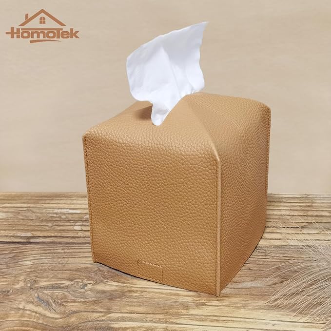 HOMOTEK 2 Pack Tissue Box Cover, Square PU Leather Tissue Holder, Decorative Facial Tissue Cube Paper Organizer Dispenser for Bathroom, Night Stands, Desk, Car 5X5X5'' - Camel, Pebble Grain