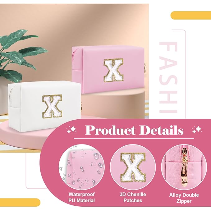 Personalized Initial A-Z Preppy Patch Makeup Bag,Small PU Chenille Letter Cosmetic Bag with Zipper for Teen Girls,Pink Cute Toiletry Organizer Bag,Monogram Makeup Case Gift for Women Girls,Letter X