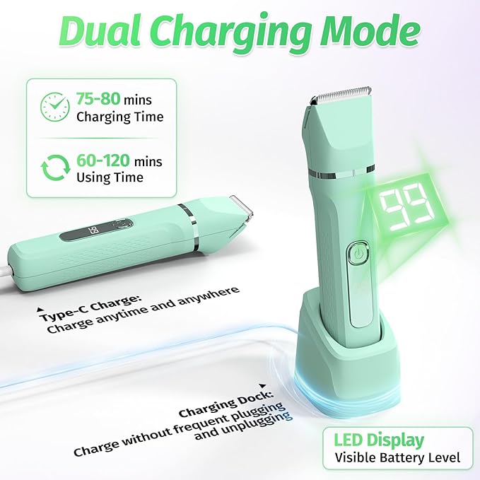 Bikini Trimmer for Women,5-in-1 Electric Razors for Women,Electric Shaver for Women's,IPX7 Waterproof Trimmer for Men Legs,with 5 Replaceable Blade Heads,USB Recharge Dock（Green）