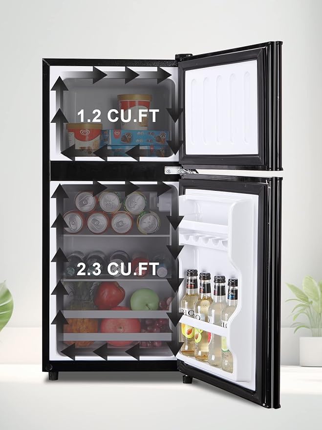 Mini Fridge With Freezer,3.5 Cu. Ft Compact Refrigerator With 2 Doors,7- Level Adjustable Thermostat, Removable Glass Shelves For Bedroom, Office, Kitchen, Apartment, Dorm, Black