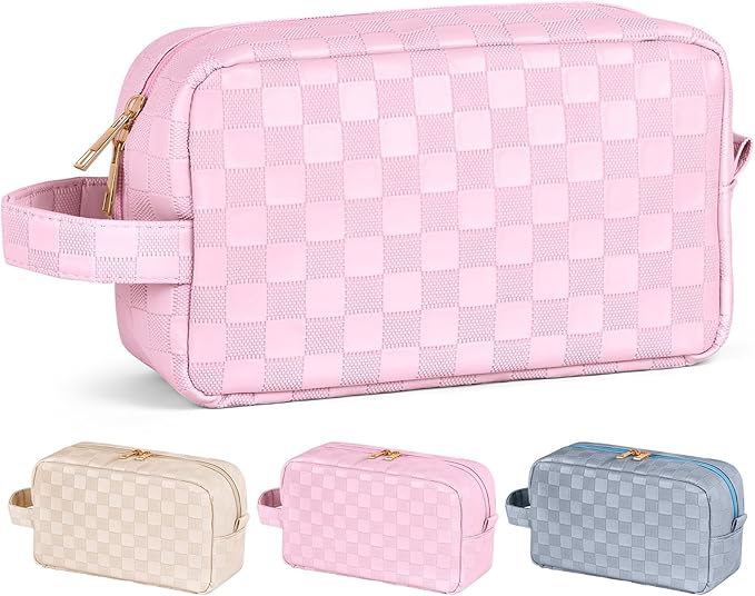 MAGEFY Makeup Bag, Checkered Travel Cosmetic Bag with Handle Leather Makeup Pouches for purse Make Up Bag Cute Makeup Bags for Women,Pink