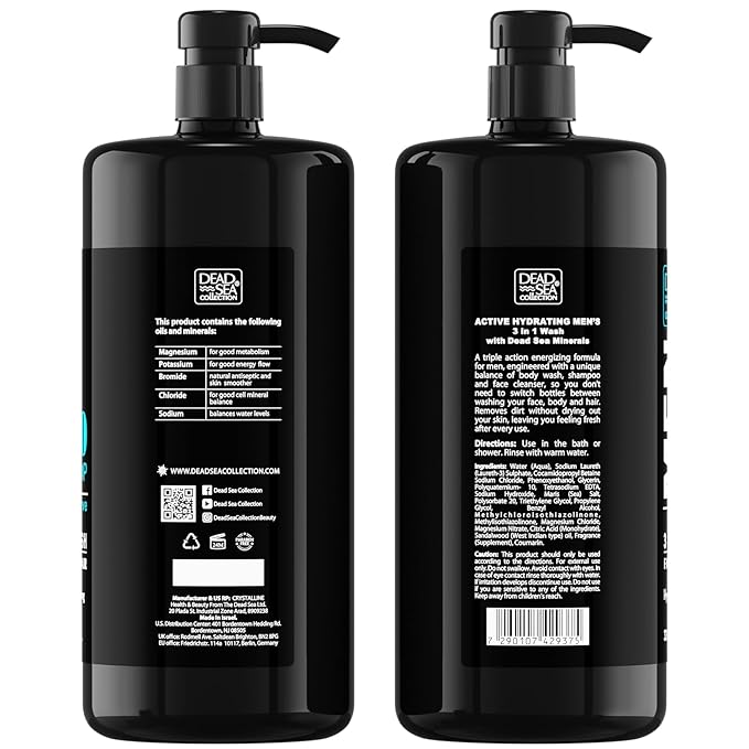 Dead Sea Collection Mens Body Wash TOP 10 ACTIVE – 3 in 1 Body Wash for Men for Hair, Face & Body – Moisturizing Shower Gel with Dead Sea Minerals – Pack of 2 (33.8 fl oz each)