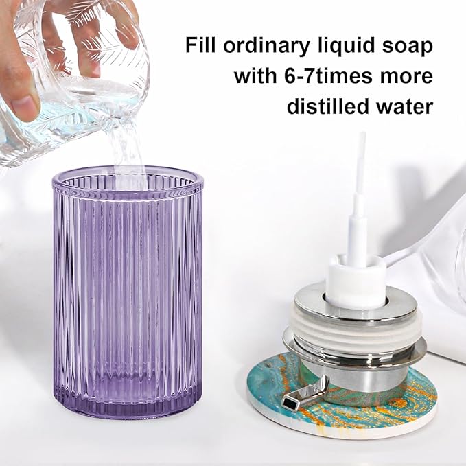 Foaming Soap Dispenser, 12 Oz Purple Glass Foam Hand Soap Dispenser, Refillable Glass Foam Pump Bottle Container Decorative Slim Ribbed Bottle for Bathroom and Kitchen