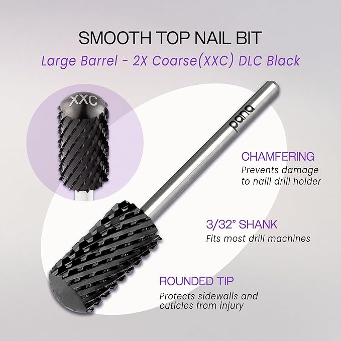 PANA 3/32" Smooth Round Top Safety Carbide Nail Drill Bit for Gel Polish & Acrylic Removal Nail Salon Manicure Pedicure Electric File Tools (Large Barrel - DLC Black, 2X Coarse)
