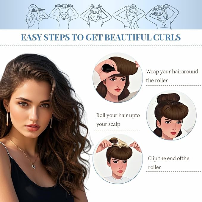 Heatless Hair Curler Heatless Curls Overnight Heatless Blowout with Luxury Cloth Bag Silk Scarf, Curling Rod Headband to Sleep in No Heat Curling with (Blue, 3Rods)