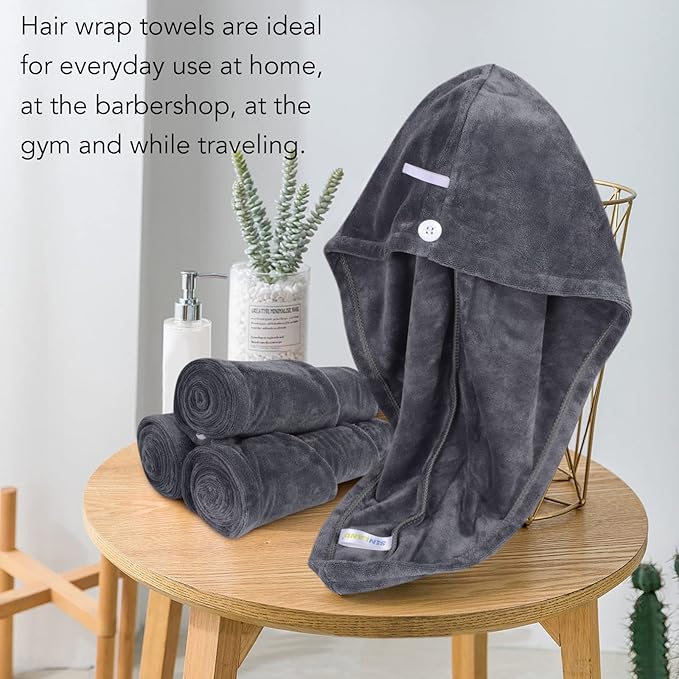 SINLAND Microfiber Hair Drying Cap Hair Towel Turban Twist for Women Fast Drying Towels Head Turban Absorbent Soft Lightweight 3 Pack Grey