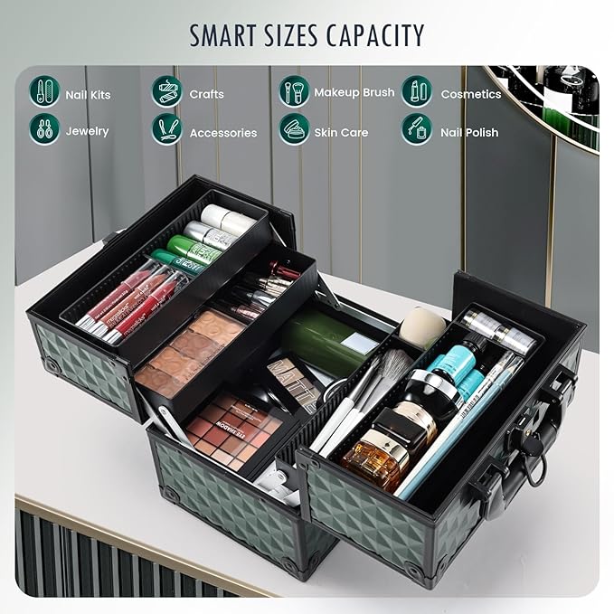 FRENESSA Makeup Case Makeup Box Cosmetic Train Cases Portable Make Up Artist Travel Case Storage Box 4 Trays with Dividers Lockable Hard Makeup Box Craft Nail Kits Case Drak Green