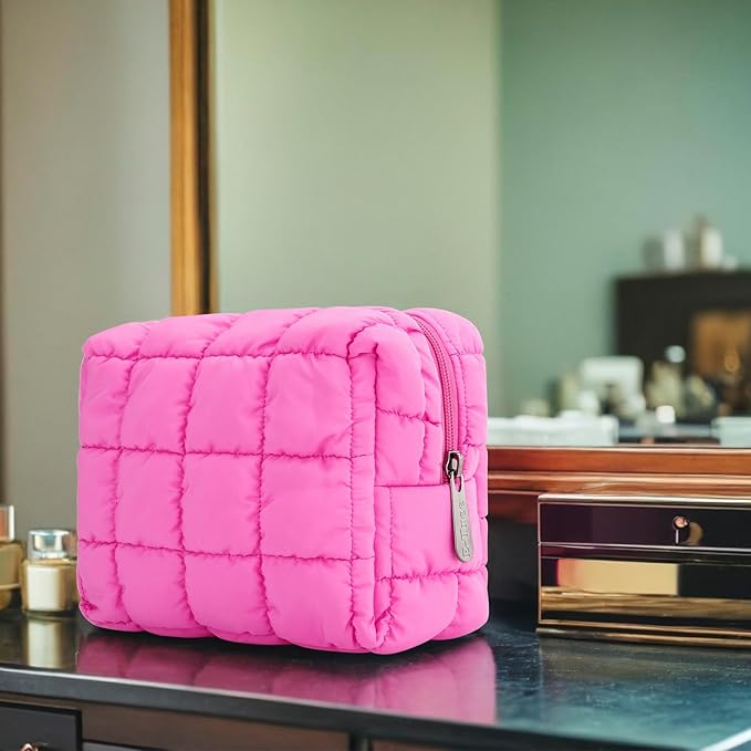 E-Tree Cute Makeup Bag,Quilted Cosmetic Bag,Make up Pouch for Purse,Toiletry Zipper Pouch,Checkered Bag,Travel Case,Storage Pouches for Organization (Hot Pink)