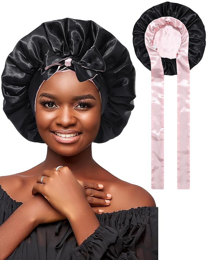 Satin Bonnet Silk Wrap for Sleeping - Reversible Night Cap with Tie Band for Curly Hair (Black + Pink)