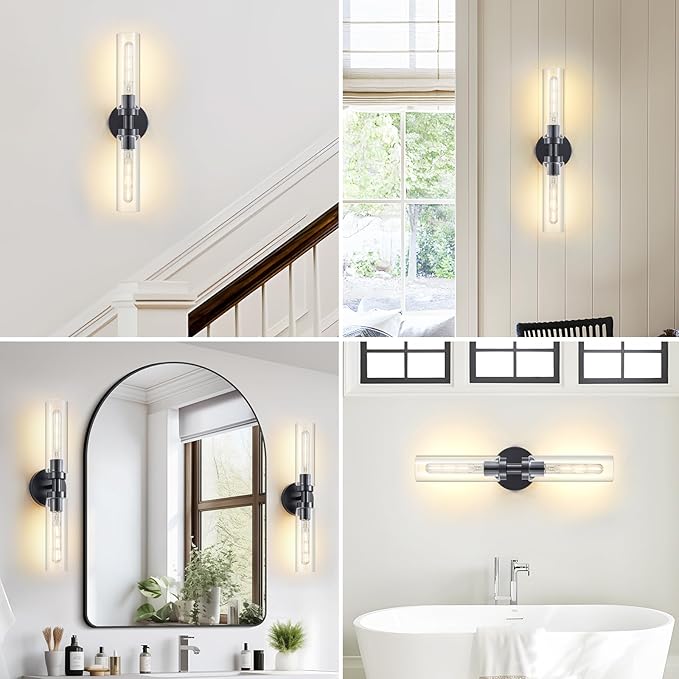 2 Light Bathroom Wall Sconce Set of 2,Modern Farmhouse Black Bathroom Light Fixture Over Mirror with Clear Glass Shade,Bathroom Vanity Light for Hallway Cabinet Bedroom Stairway Porch