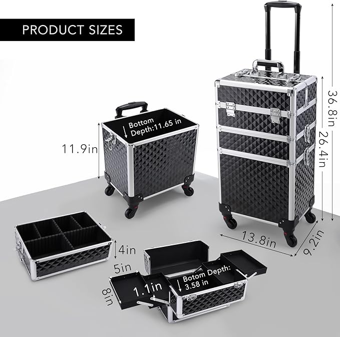 FRENESSA 3 in 1 Rolling Makeup Train Case Professional Cosmetic Trolley Large Storage with Keys Swivel Wheels Salon Barber Case Traveling Cart Trunk for Make Up Hairstylists Nail Tech, Vintage Black