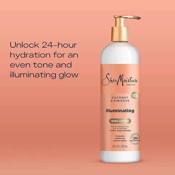 SheaMoisture Illuminating Body Lotion with Coconut Oil, Hibiscus, Niacinamide and Pro-Ceramides, Instantly Enhancing Skin's Natural Glow, 24H Moisturizing 16 oz, (Pack of 2)