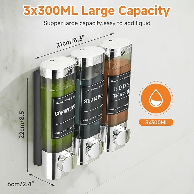 Shampoo and Conditioner Dispenser,Shower Dispenser 3 Chamber No Drill Wall-Mounted Shampoo Dispenser for Shower Wall Mounted Shower Soap Dispenser for Bathroom Hotel Large Capacity,Chrome1