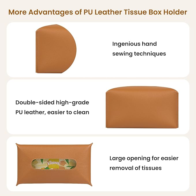 Long Tissue Box Cover, PU Leather Tissue Holder Rectangle, Facial Paper Organizer, Modern Dispenser for Bathroom, Kitchen, Home, Office, Tabletop (1, Brown, Short)