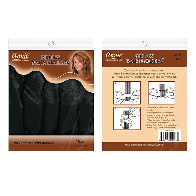 Annie Pillow Satin Rollers, 10 Count, Black, No Pins or Clips Needed, Soft Satin Fabric Helps Prevent Breakage, Snap Lock Closure, Ideal for Leaving In All Night
