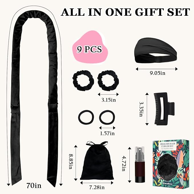 No Heat Curling Headband, 70" Soft Hair Curlers to Sleep In Overnight Curls Headband, No Heat Hair Curler Ribbon Curl Wrap for Long Hair Rollers, 9 PCS Curling Rods Set with Yoga Strap -Black