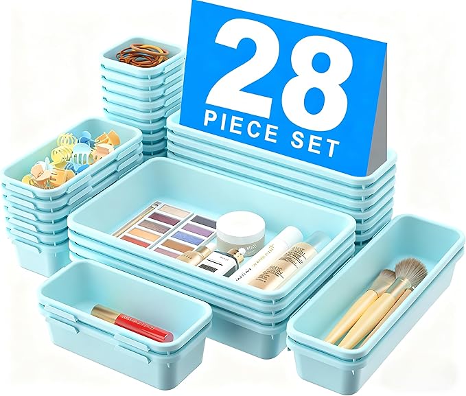 【𝟮𝟴𝗣𝗖𝗦】 【𝟱𝗦𝗶𝘇𝗲】 BlueGreen Drawer Organizer, Makeup organizer, 【Holds 177 Items】 Bathroom Organizers and Storage, Plastic Desk Organizer Divider, Organizer Bins for Office Vanity A-LUGEI