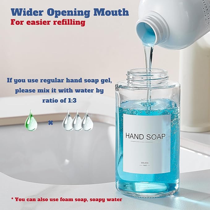 Doiliese Glass Foaming Hand Soap Dispenser, 10 oz Easy Refill Bathroom Soap Dispenser, Foaming Dispenser with Stainless Steel Pump & Waterproof Labels, Foam Soap Pump Bottles for Handwashing, 2 Sets