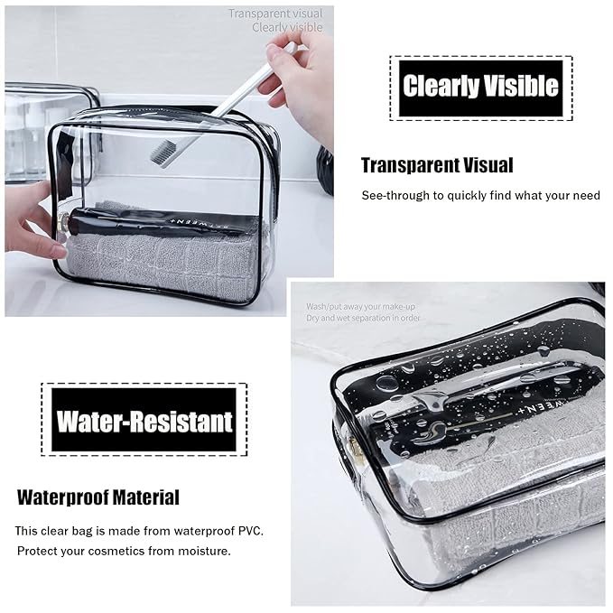 MODENGKONGJIAN TSA Approved Toiletry Bag, 3 Pcs Clear Toiletries Bags Quart Size Travel Makeup Cosmetic Bag for Women Men, Carry on Airport Airline Compliant Bag (Multicolor)