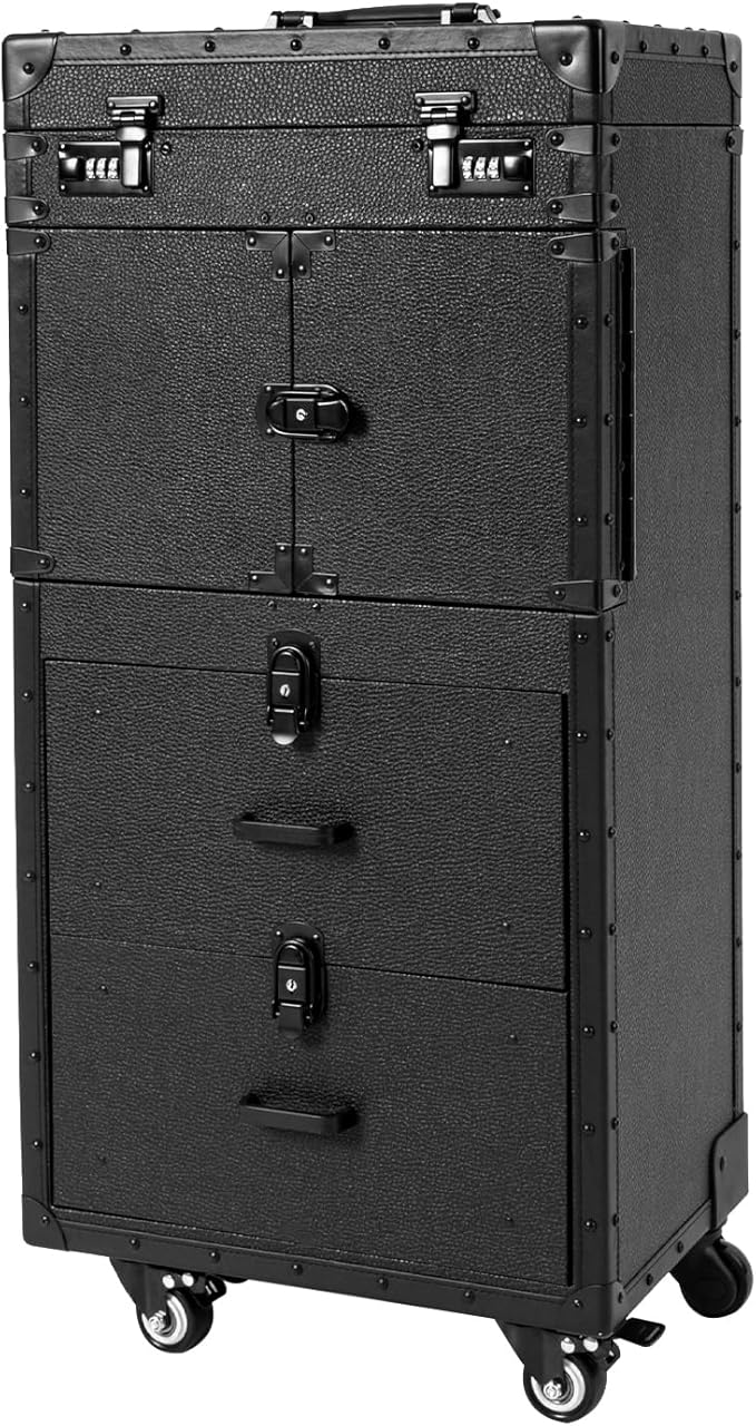Beauty Salon Luggage With Metal Universal Wheel, Makeup Rolling Train Case, 32 In-Retro Travel Organizer Tool Box with Combination Locks for Stylist, Beauty, Makeup Artist (Black)