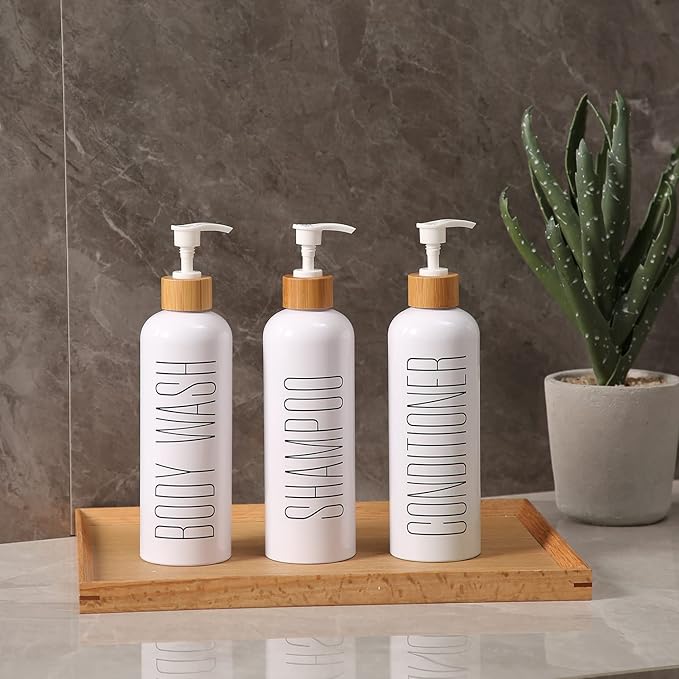 HOMCDALY Shampoo and Conditioner Dispenser, 16oz 3-Pack Refillable Shampoo and Conditioner Bottles, Empty Shampoo Bottles Refillable with Bamboo Pump, Bathroom Shower Shampoo Dispenser Set