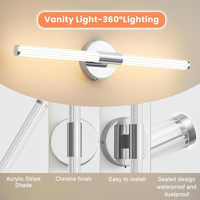 Bathroom Wall Sconces Set of 2 Hardwired, Dimmable 5CCT LED Bathroom Light Fixtures Over Mirror, 360° Full Lighting 23 inch Vanity Light Bar Modern Chrome Wall Sconce for Bedroom Living Room