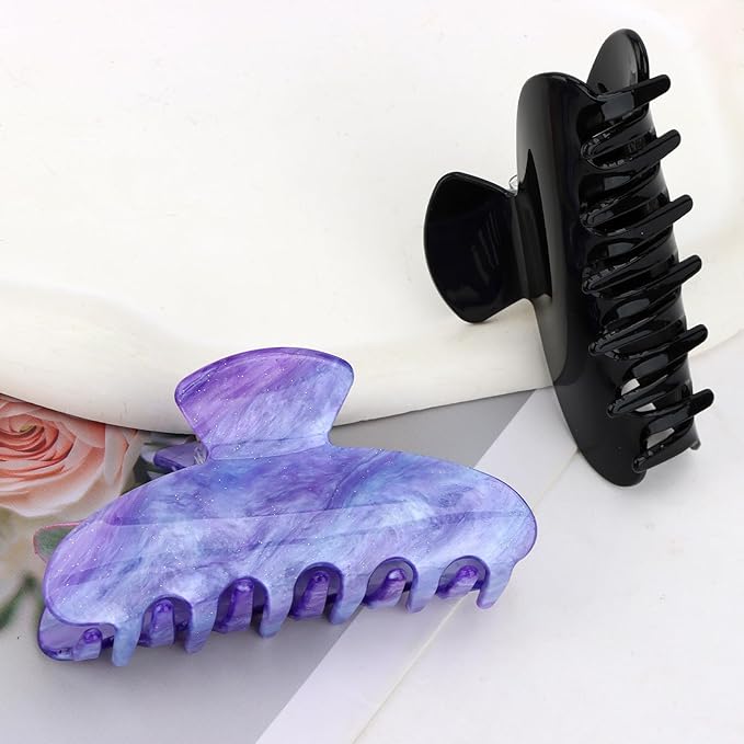 2 Pack Hair Claw Clips for Women, Acrylic Claw Clips for Thick Hair Non-slip Clip for Hair, Large Claws Hair Accessories for Women (Black & Purple)