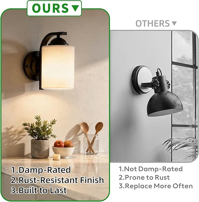 2-Pack Wall Sconces for Bedroom and Bathroom, Matte Black Farmhouse Wall Light Fixtures with Glass Shade, Modern Vanity Wall Lamps for Living Room, Hallway, Kitchen