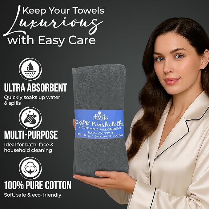 DAN RIVER 24 Pack Wash Cloths for Showering [12x12] - 100% Cotton Washcloths Premium Quality Flannel Face Cloths for Bathroom, Highly Absorbent and Soft Feel Wash Clothes, Grey & White