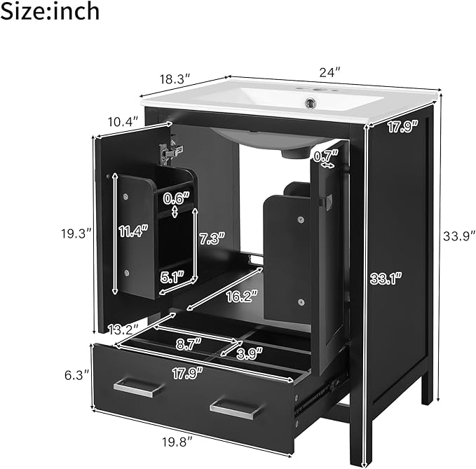 Bellemave 24" Bathroom Vanity with Sink Combo Set, Solid Wood Frame Bathroom Storage Cabinet with a Drawer, 2 Soft Closing Cabinet Doors with Organizer, Black