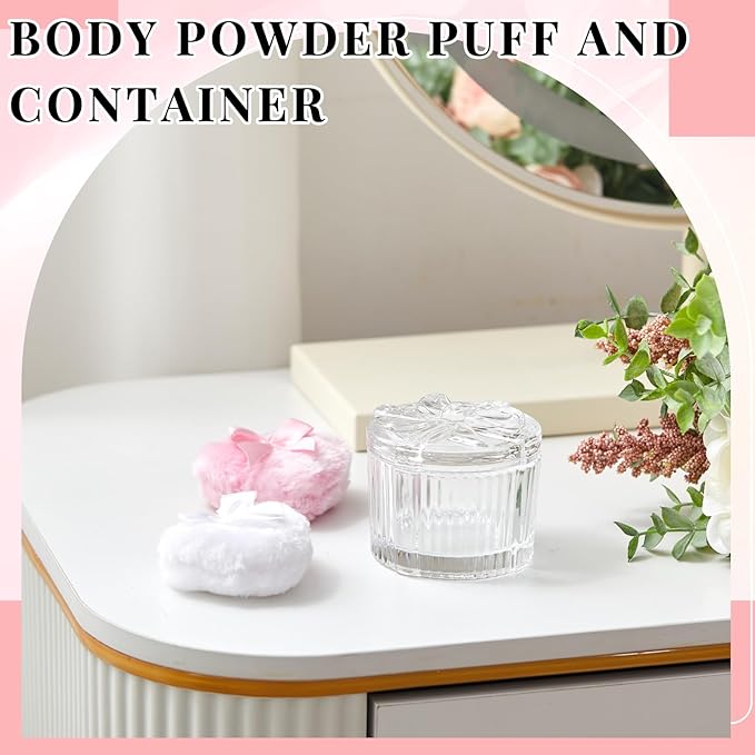 Tioncy 3 Pcs Large Body Powder Puff and Container Valentine's Day gift Powder Container with Puff Crystal Case Soft Washable Reusable Velour Face Body Glitter Wet Dry Makeup(Round Bow,Clear)