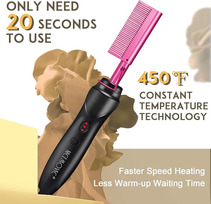 NICEMOVIC Ceramic Heating Hair Straightener Comb - Hot Pressing Brush for Natural Black Hair, Beard Wigs, and Curling (Pink)