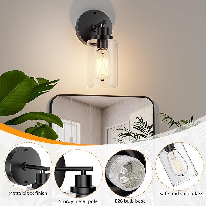 GORDNWE 1-Light Bathroom Wall Sconce, Matte Black Vanity Light, Modern Wall Light Fixture with Clear Glass Shade and E26 Bulb Base, Wall Lamp Wall Mount Light Fixtures for Mirror, Bedroom, Hallway