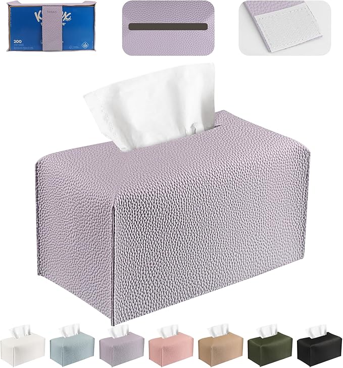 Tissue Box Cover PU Leather Tissue Holder Rectangle Facial Tissue Case Tissue Box Organizer Dispenser for Bathroom, Kitchen, Home, Office, Tabletop (Violet, Short)