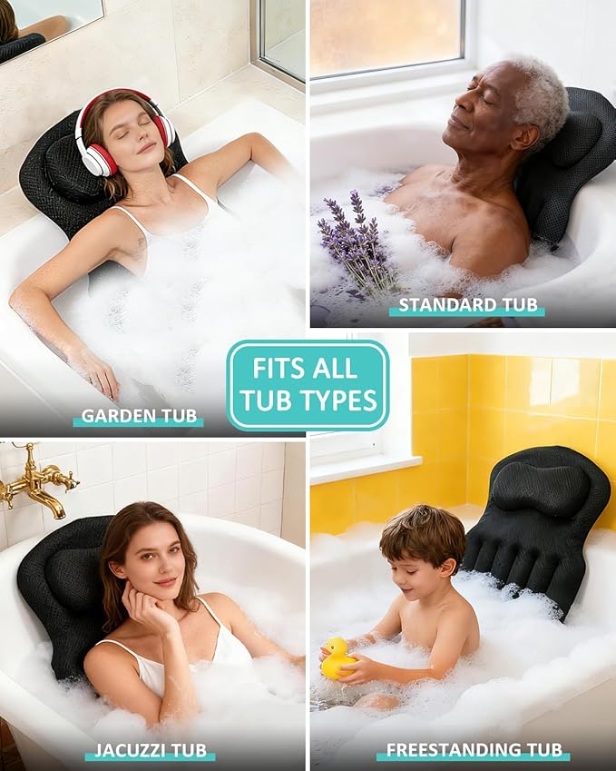 Full Body Bath Pillow for Bathtub, 5D Thick Tub Pillow for Bathtub with 192 Non-Slip Suction Cups, Laundry Bag & Hook, Bathtub Pillow for Head, Neck & Back Support (Black, 51"*15")