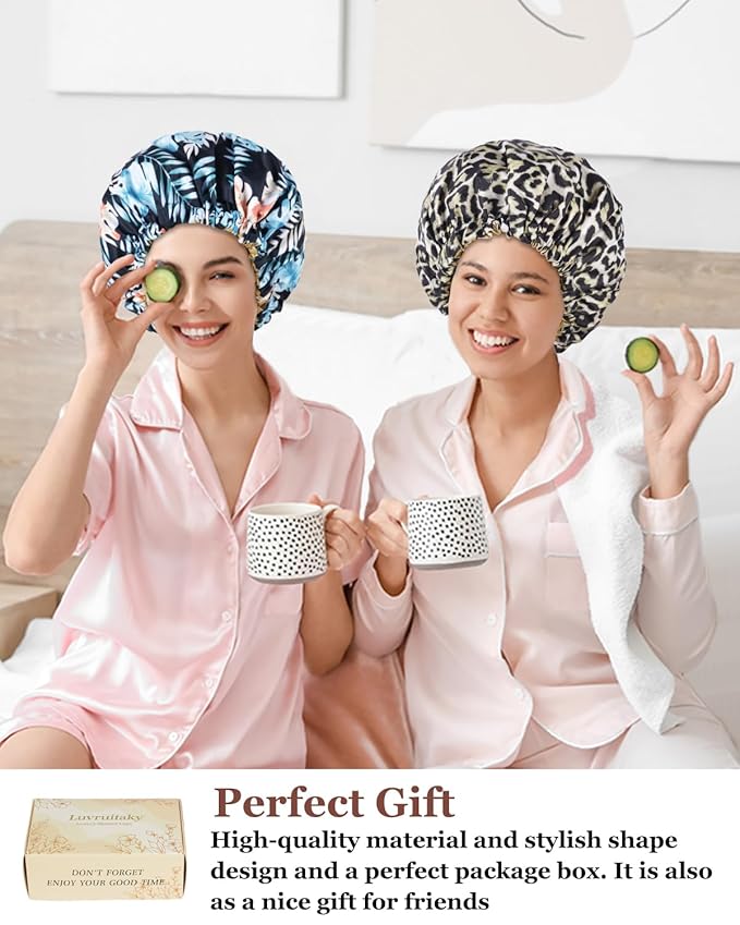 Large Shower Caps for Women Reusable Waterproof Satin Lined Shower Cap with Adjustable Band Double Layer Design Luxury Washable Bath Hair Bonnet (Pineapple Palm)
