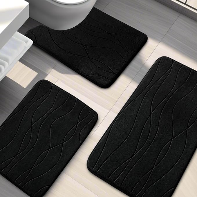 YIHOUSE Memory Foam Black Bathroom Rug Sets 3 Piece, Ultra Absorbent Bath Mat for Bathroom - Non-Slip Machine Washable & Dry Quickly, 3 Piece Bathroom Mat Set, Black