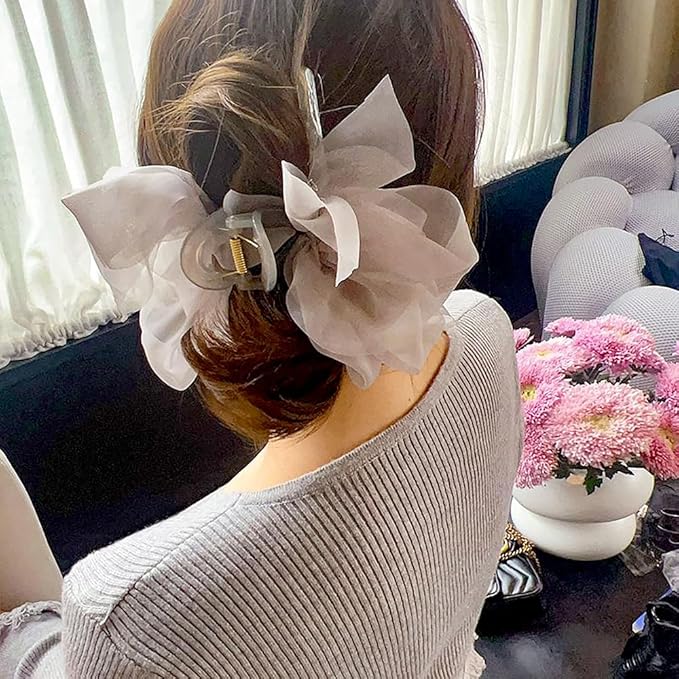 RUIYDZ Hair Clip, Light Coffee Chiffon Bowknot Hair Claw Clips for Thick Hair, Large Claw Clips for Women, Elegant Hairclips, Hair Accessories, Hair Clips for Girls