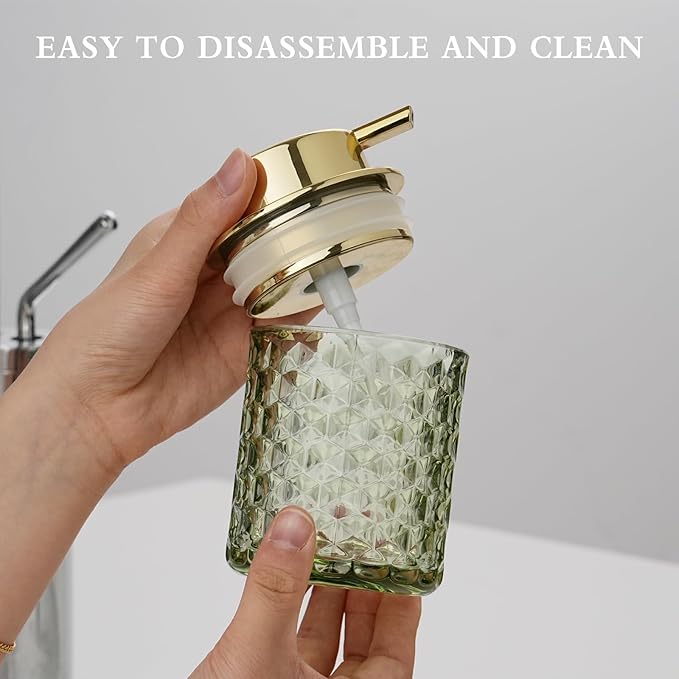Hand Soap Dispenser Glass, Refillable Liquid Dispenser for Bathroom & Kitchen,Lotion Dispenser with Large Gold Pump（Diamond Pattern-Green）