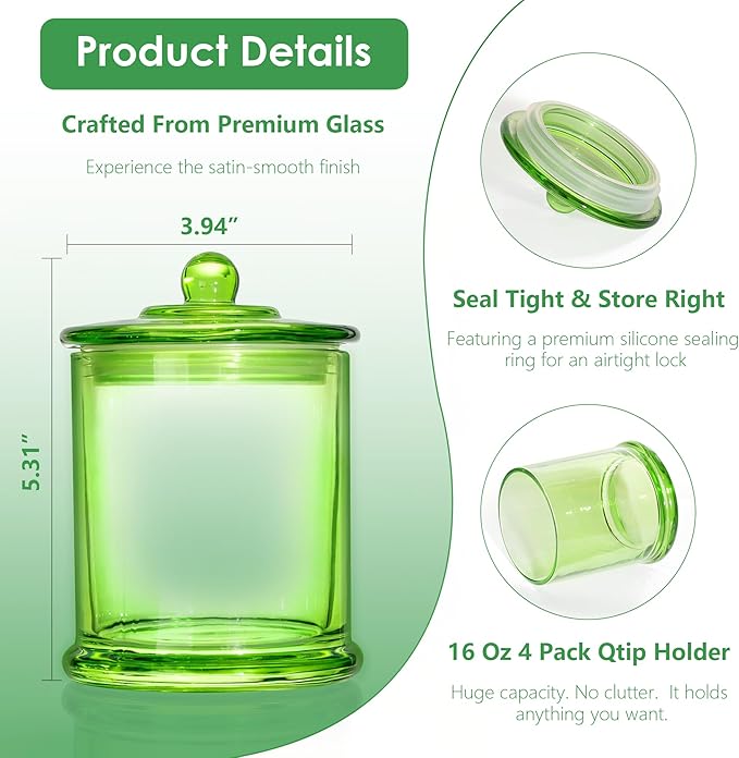 4 Pack Bathroom Organizers and Storage - 16 Oz Glass Qtip Holder & Cotton Pad Dispenser with Lid, Apothecary Jars for Home, Room Decor, Kitchen Organizer (Green)
