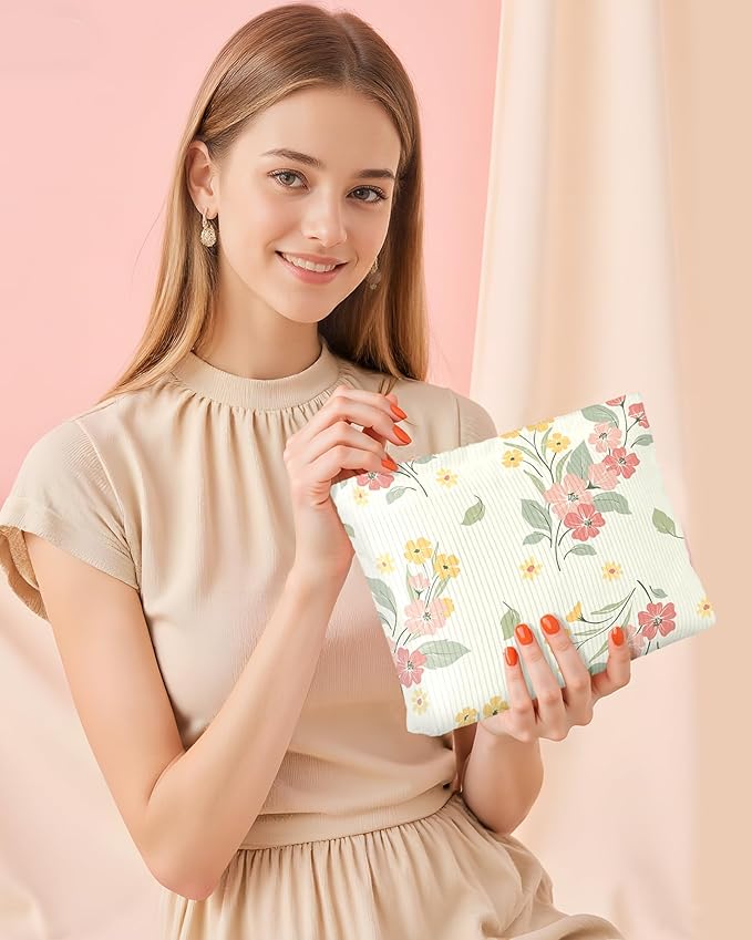 Cute Floral Makeup Pouch for Women Small Make Up Bag for Purse Zipper Initial Makeup Cosmetic Bags Pouches for Purse Aesthetic Travel Toiletry Bags, Elegent Pink Yellow Floral