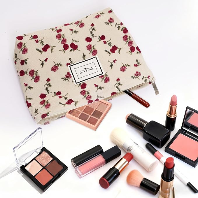1pcs Floral Makeup Bag for Women Travel Cosmetic Pouch Toiletry Organizer for Skincare Brushes and Daily Essentials 8.27x7.28x1.97 inch(Flower-1, Beige)