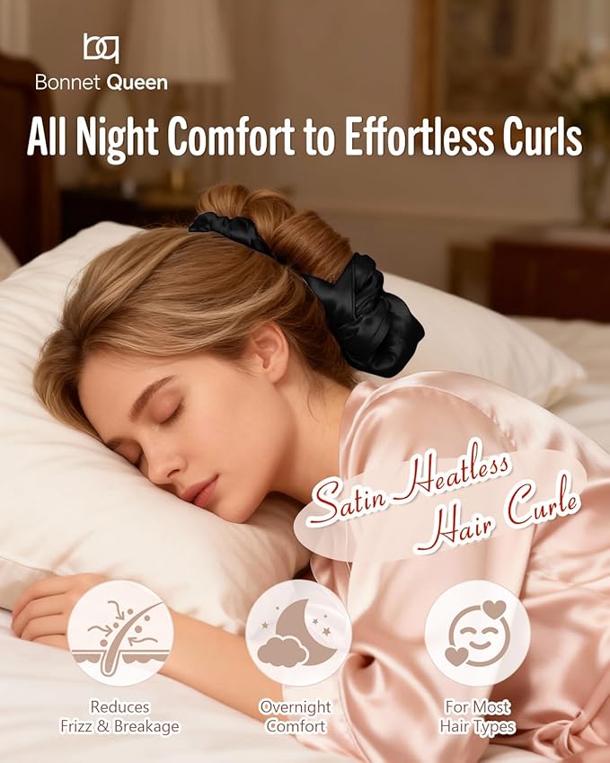BONNET QUEEN Heatless Hair Curler for Heatless Curls Overnight, All-in-One Sleepy Tie Satin Curling Rod, Hair Curlers to Sleep In, Overnight Blowout Rods, Hair Rollers for Women Long Hair, Black