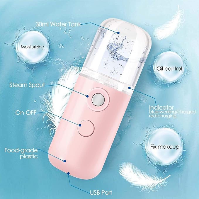 GIVERARE 2 Pack Nano Facial Steamer, Handy Mini Mister, USB Rechargeable Mist Sprayer, 30ml Visual Water Tank Moisturizing&Hydrating for Face, Skin Care, Eyelash Extensions-Pink