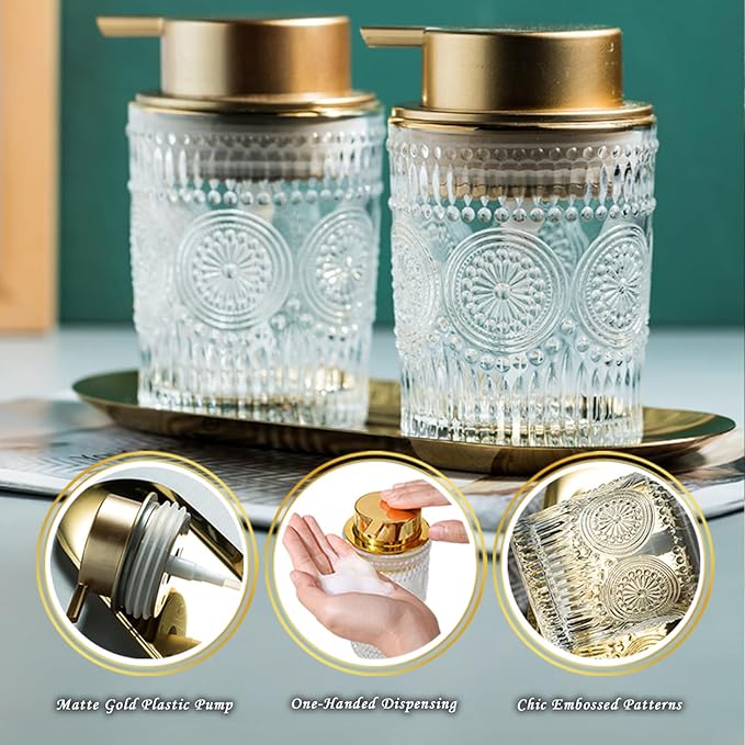 Foaming Soap Dispenser for Kitchen & Bathroom Liquid Kitchen Dish Refillable Soap Dispenser with Gold Plastic Pump Modern Home Bathroom Decor (Clear, S)