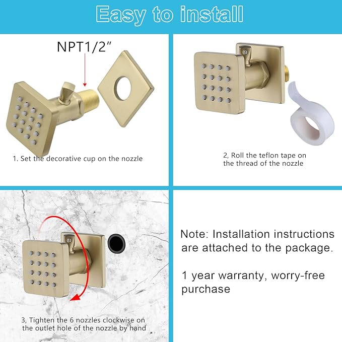 Solid Brass Square Shower Body Sprays with On Off Switch Brushed Gold Shower Jets 6 Pcs Massage Nozzle Jet Wall Mount, Flow Can Be Controlled, Showerhead Can Swivel